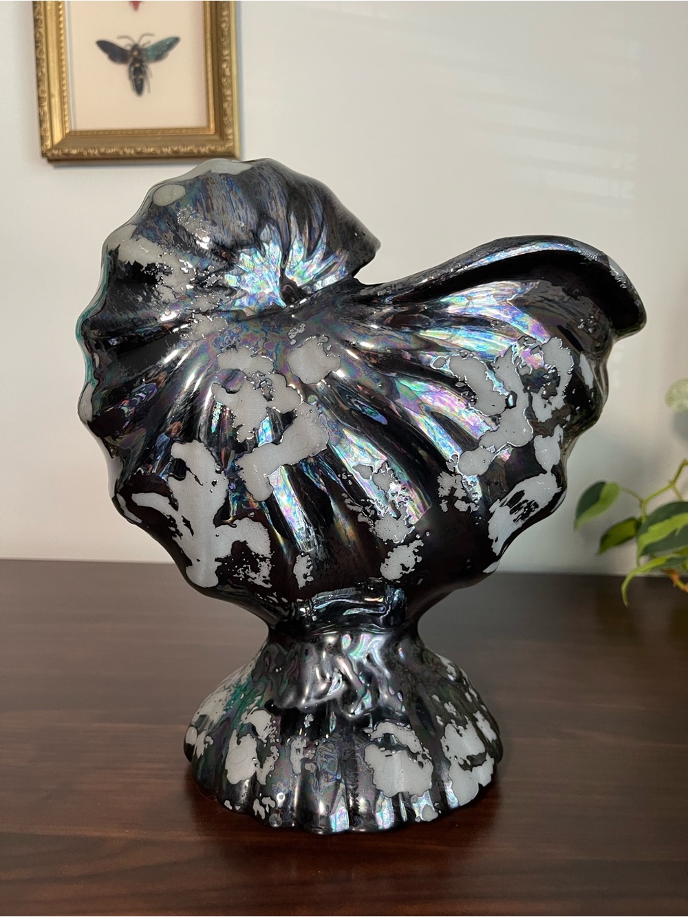 Large Nautilus Seashell plant holder vase 80’s irridescent with oil stain effect
